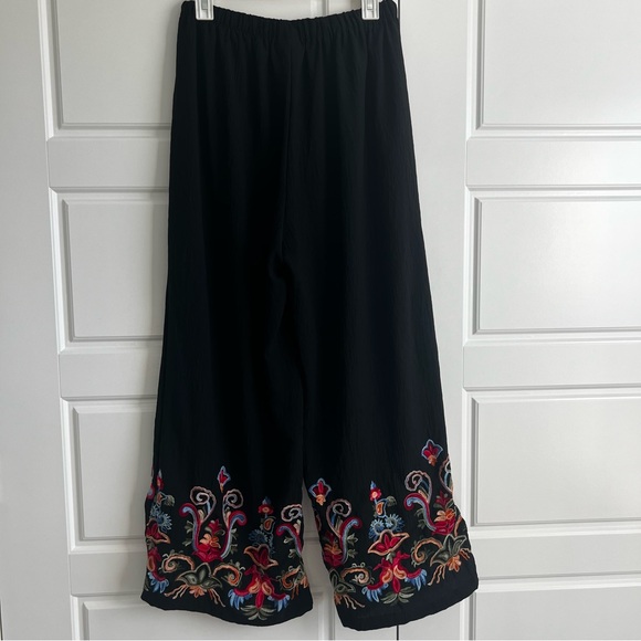 Liv Los Angeles Embroidered Black Wide-Leg Palazzo Pants Beach Boho Sz L - Picture 2 of 9
